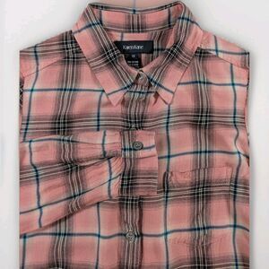 Karen Kane Top Womens XS Pink Plaid Roll Tab Long Sleeve Button Up